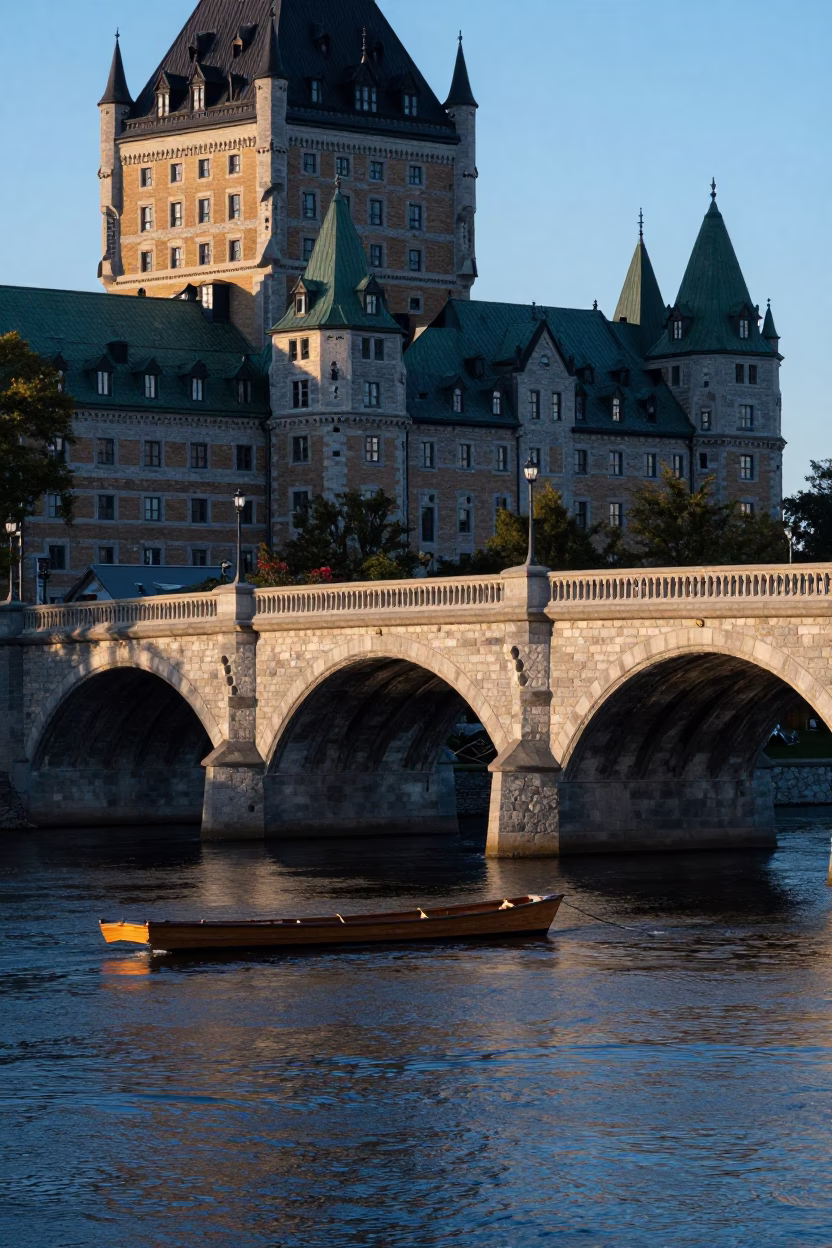 Dawn light on Quebec City stone bridge with punt passing beneath Gothic architecture in in Quebec City, Quebec, Canada