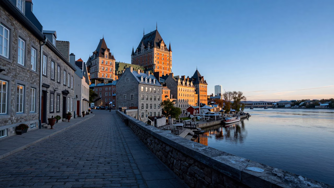 Dawn Light on Quebec City Stone Streets and River Reflections in in Quebec City, Quebec, Canada
