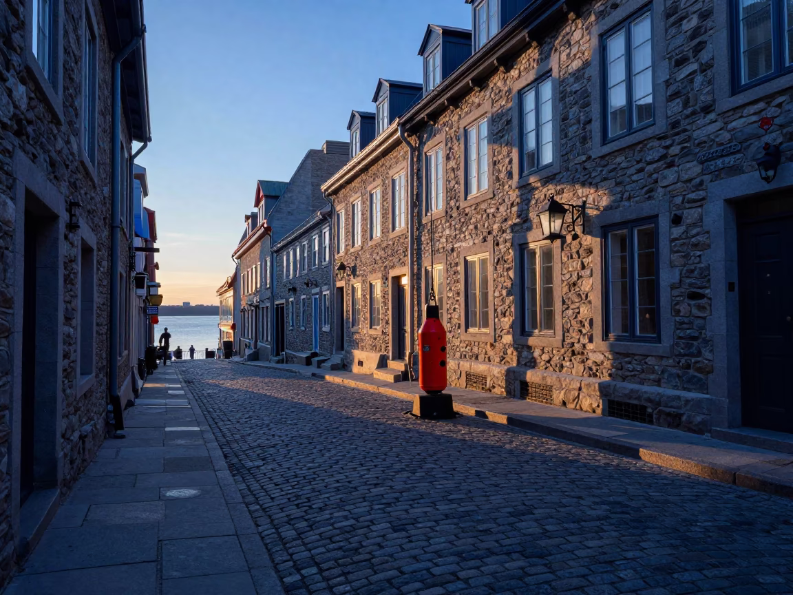 Dawn Light on Quebec City Stone Streets with Hydrophone Buoy and Winter Morning Activity in in Quebec City, Quebec, Canada