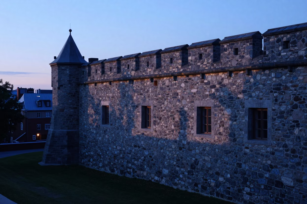 Dawn Light on Quebec City Stone Walls with Coffee Stain and Rust in in Quebec City, Quebec, Canada