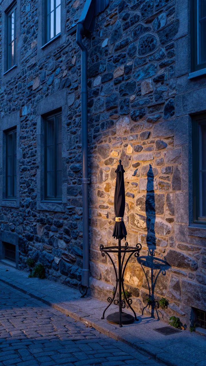Dawn Light on Quebec City Stone Walls with Umbrella Stand in in Quebec City, Quebec, Canada