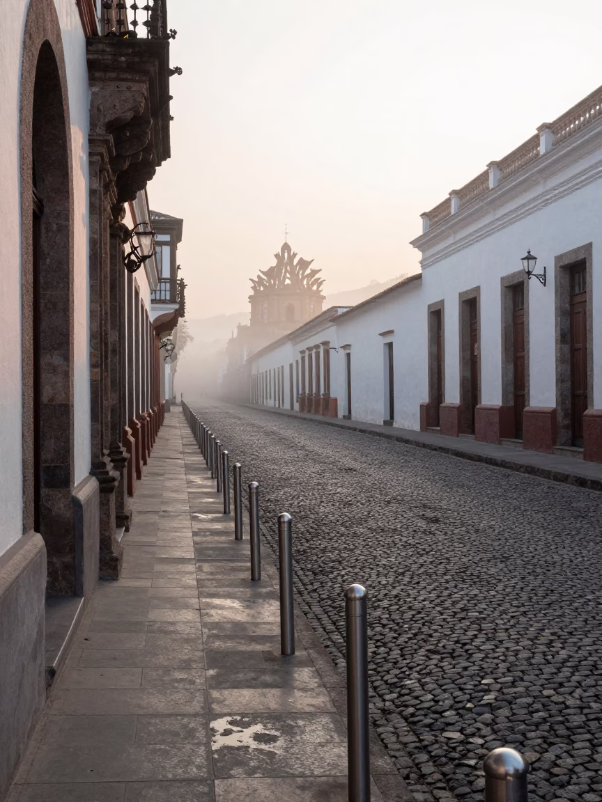 Dawn Light on Quito Cobblestone Street with Brushed Steel Rail and Local Market Activity in in Quito, Ecuador