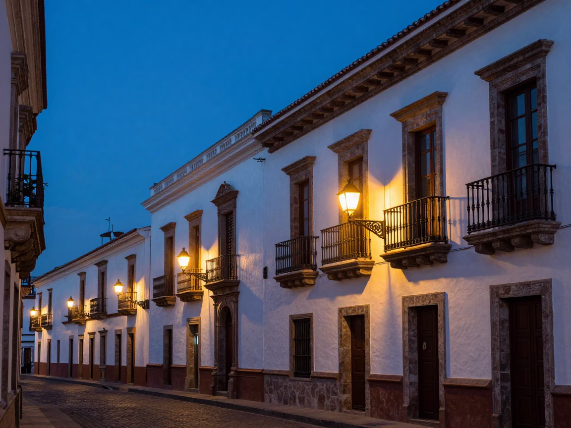 Dawn light on Quito colonial balconies and street shadows before sunrise in in Quito, Ecuador