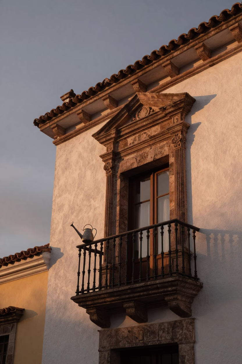 Dawn Light on Quito Colonial Balcony with Watering Jug and Twine Details in in Quito, Ecuador