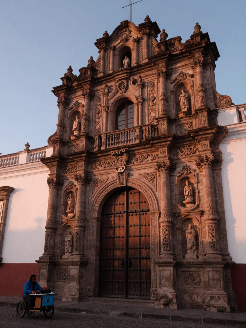 Dawn Light on Quito Colonial Facade with Street Vendor and Urban Details in in Quito, Ecuador