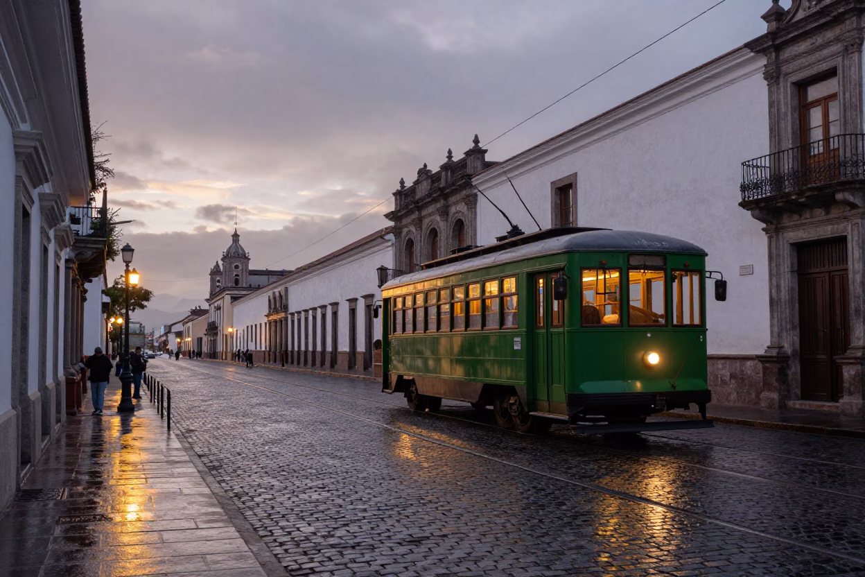 Dawn Light on Quito Colonial Street with Trolley and Rain Reflections in in Quito, Ecuador