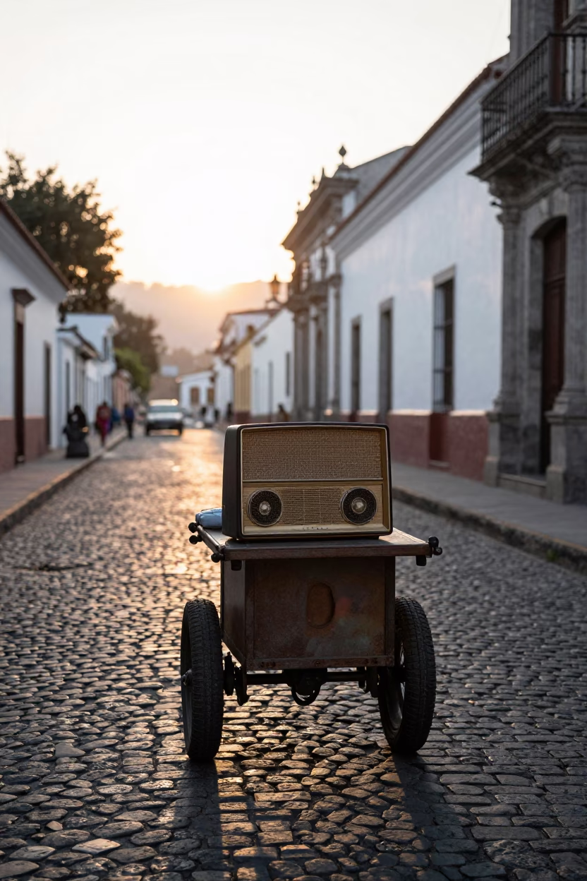 Dawn light on Quito street with vendor and vintage radio in in Quito, Ecuador