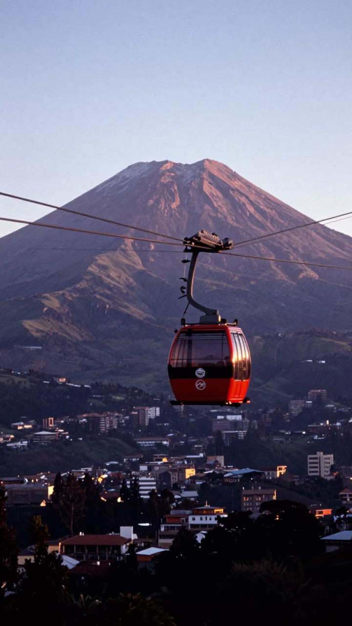 Dawn Light on Quito’s Teleférico Cable Car Amidst Terraced Andean Slopes in in Quito, Ecuador
