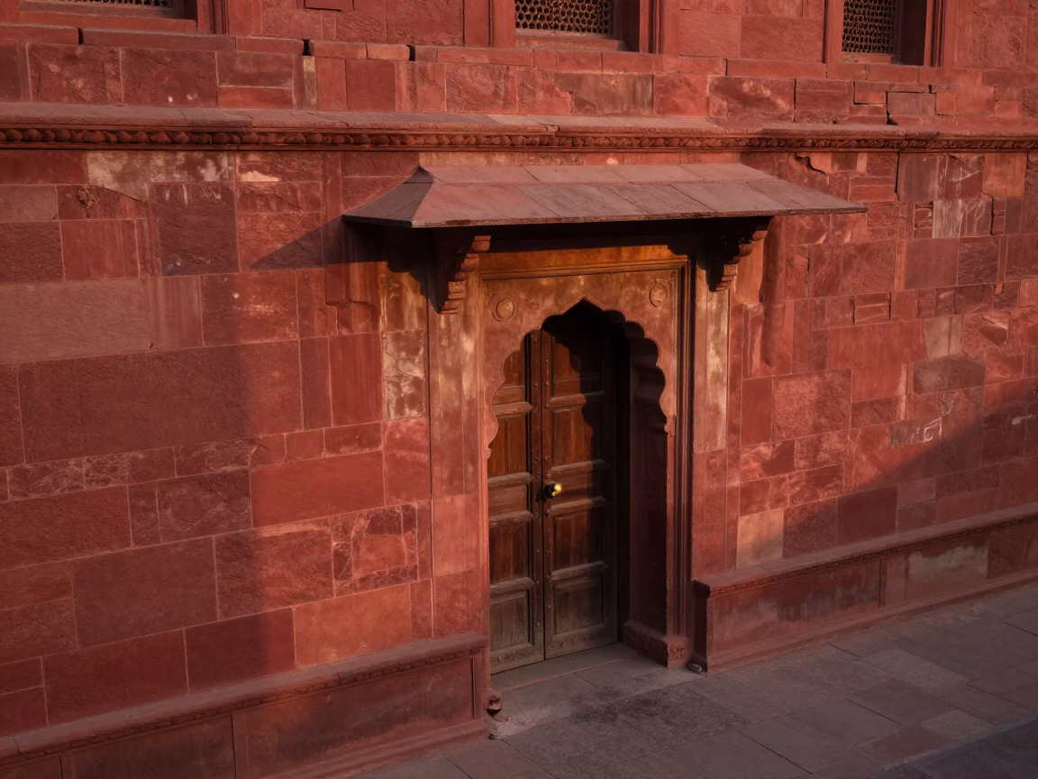 Dawn Light on Red Sandstone Facade in Delhi India Street Scene in in Delhi, India