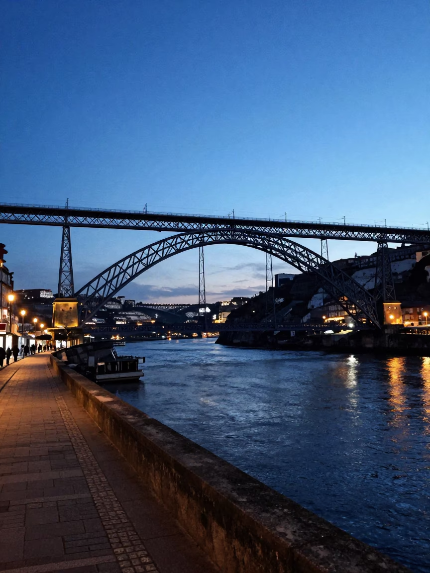 Dawn Light on Ribeira Riverfront and Dom Luis Bridge in Porto Portugal in in Porto, Portugal
