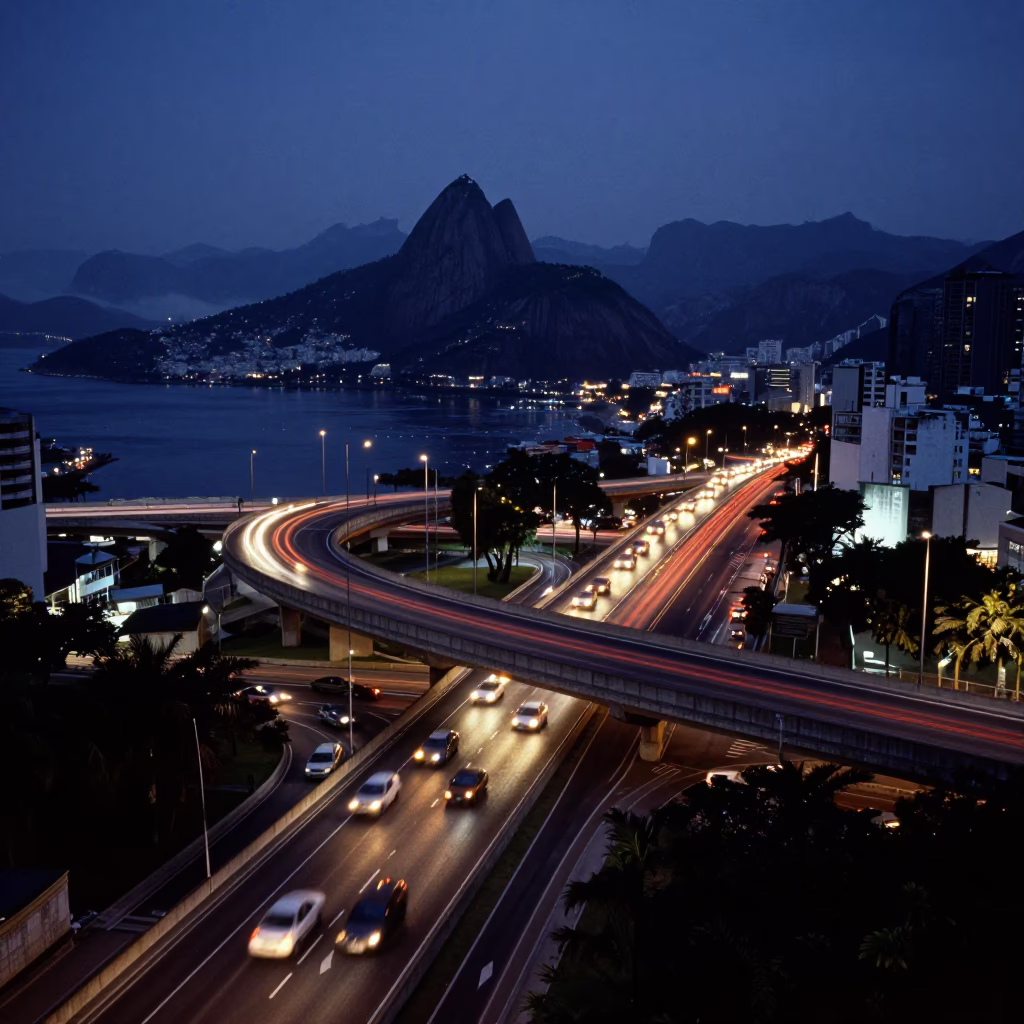 Dawn Light on Rio Overpass Interchange Lane Split with Taillight Streaks and Rainbow Eucalyptus in in Rio de Janeiro, Brazil