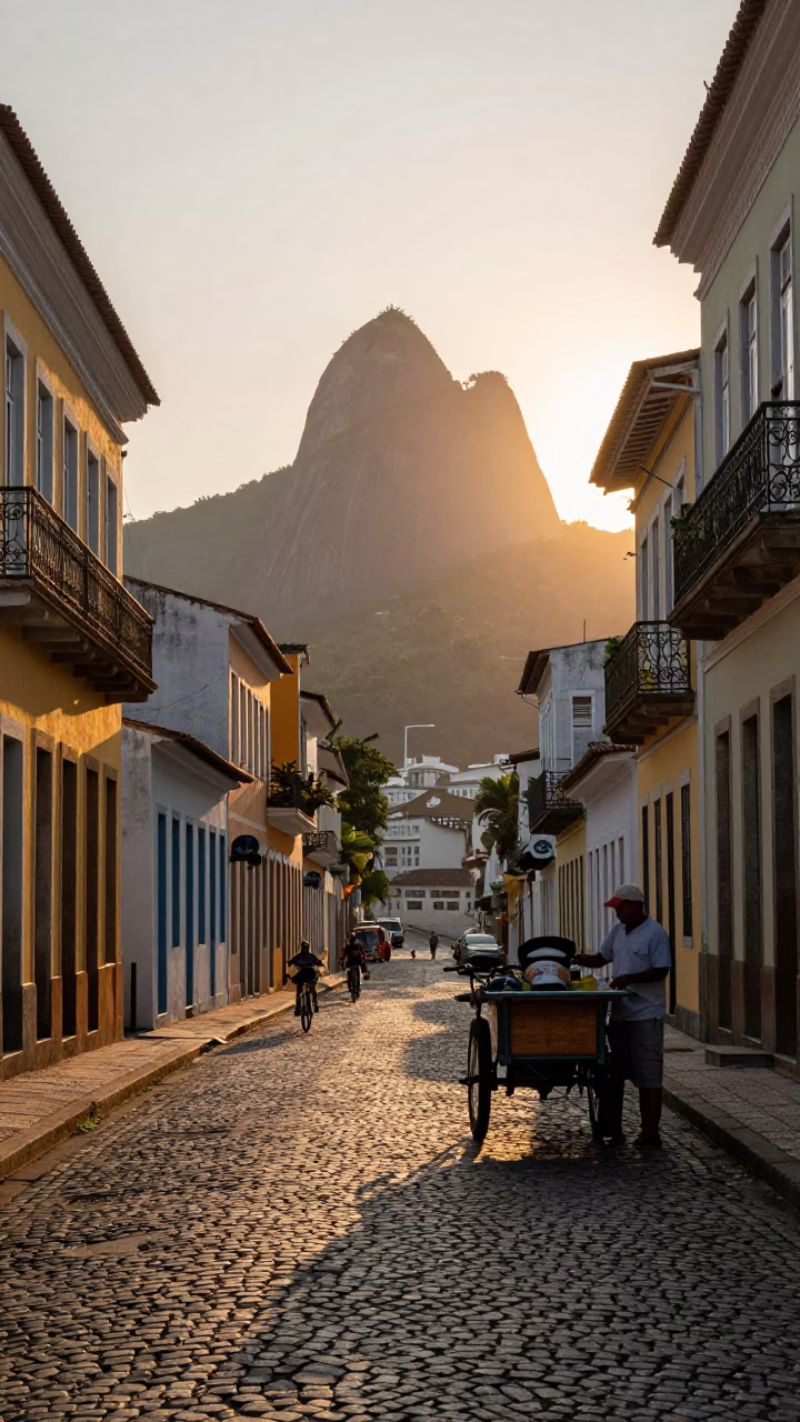 Dawn Light on Rio Street with Bicycle and Water Lily Market Stall in in Rio de Janeiro, Brazil