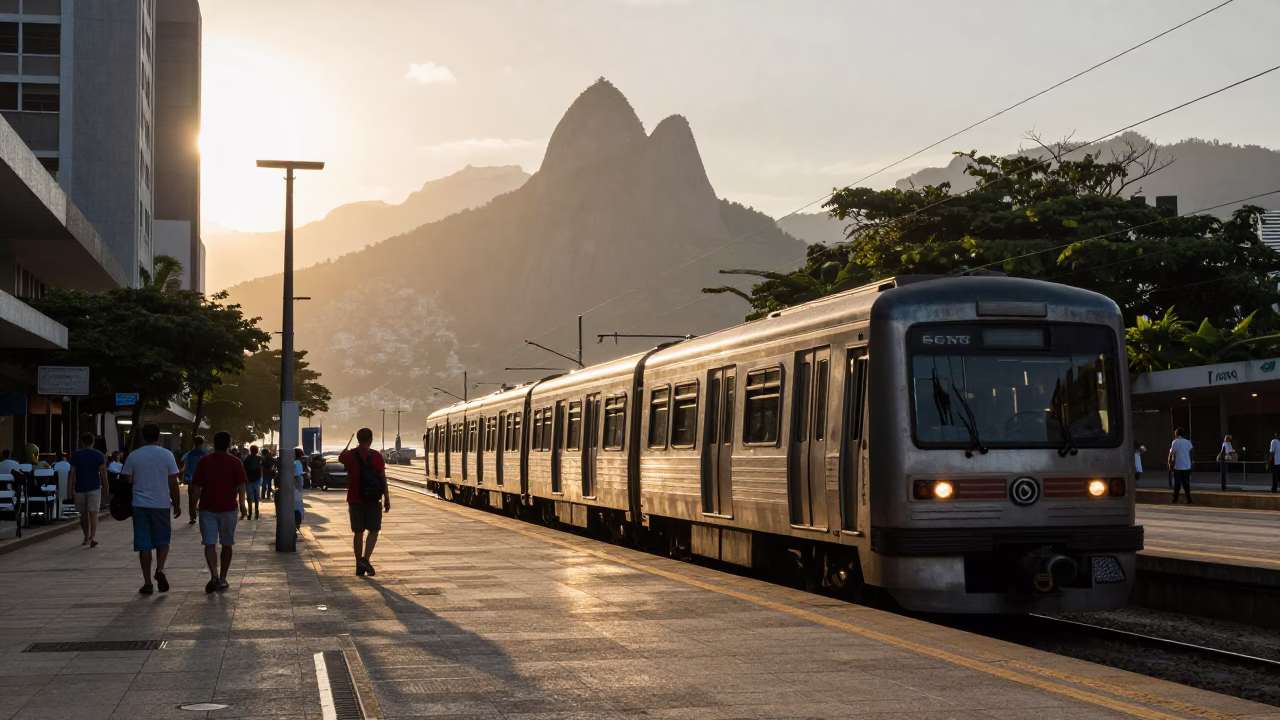 Dawn Light on Rio Street with Commuter Train and Local Interaction in in Rio de Janeiro, Brazil