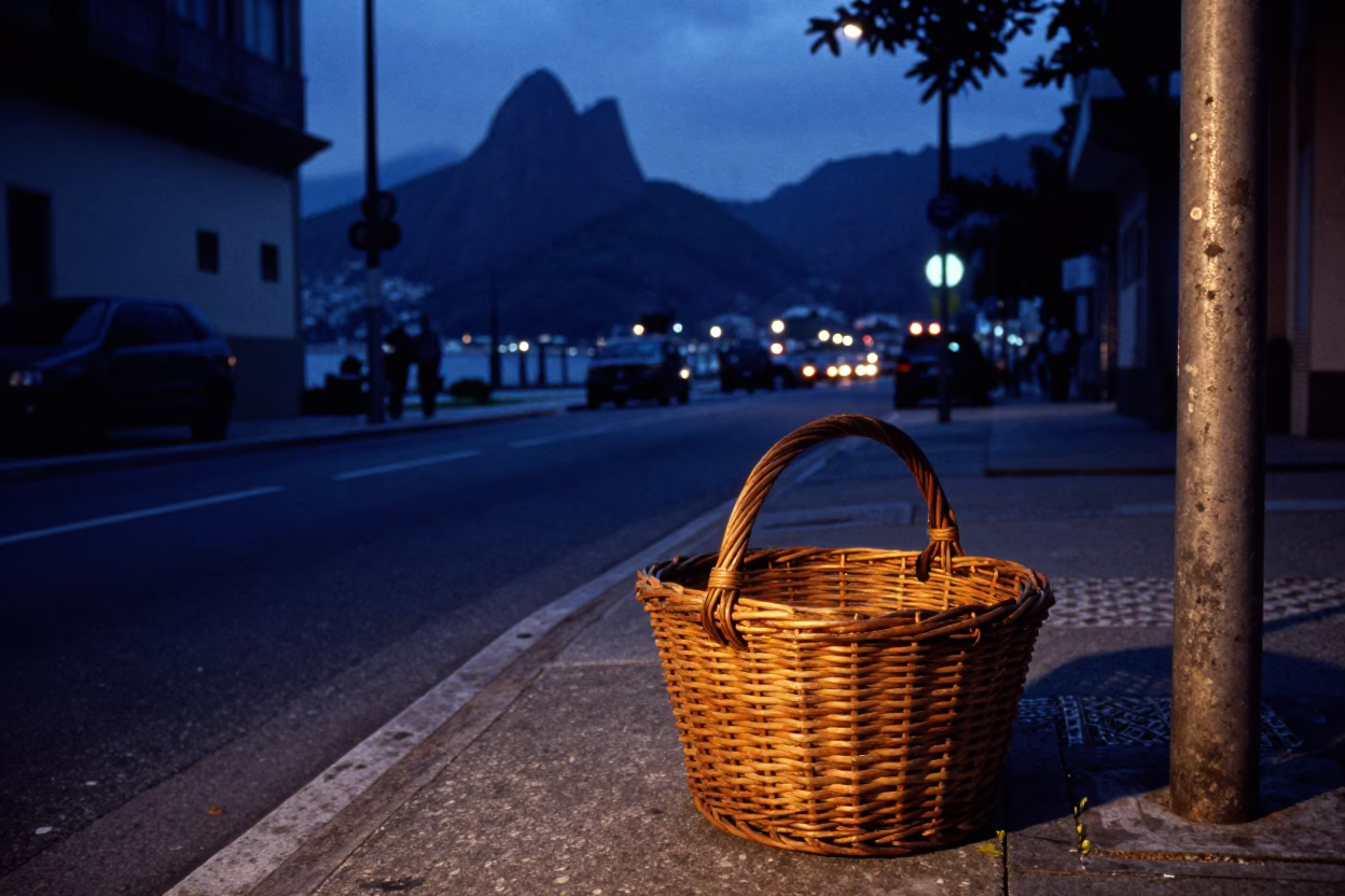 Dawn light on Rio street with wicker basket and glass jar near sugarloaf mountain in in Rio de Janeiro, Brazil