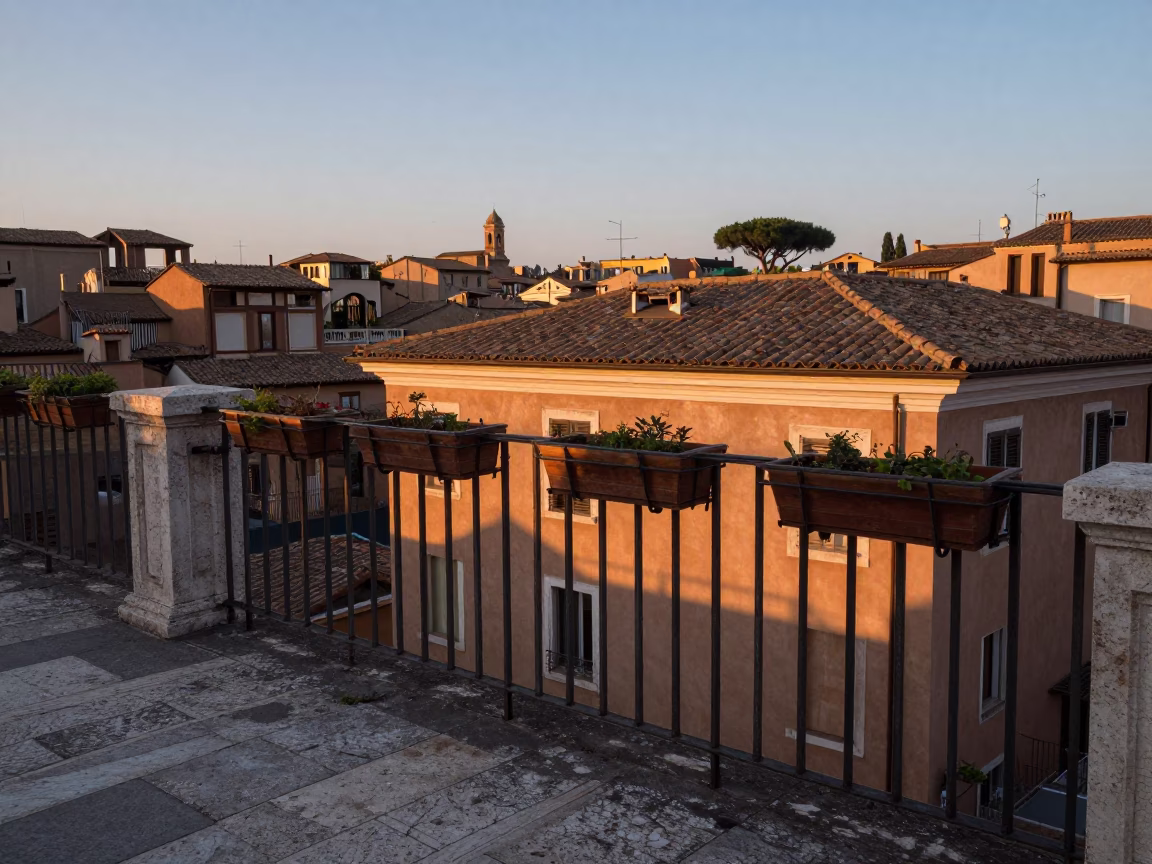 Dawn light on Roman balcony with window boxes and rain-slicked terrace tiles in in Rome, Italy