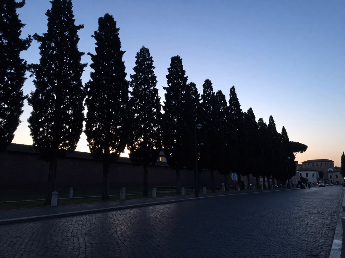Dawn Light on Roman Cobblestones Near Ancient City Walls in in Rome, Italy