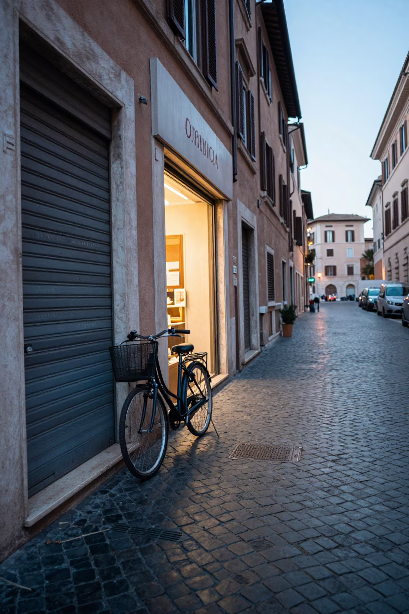 Dawn Light on Roman Cobblestones with Bicycle and Bakery at First Light in in Rome, Italy