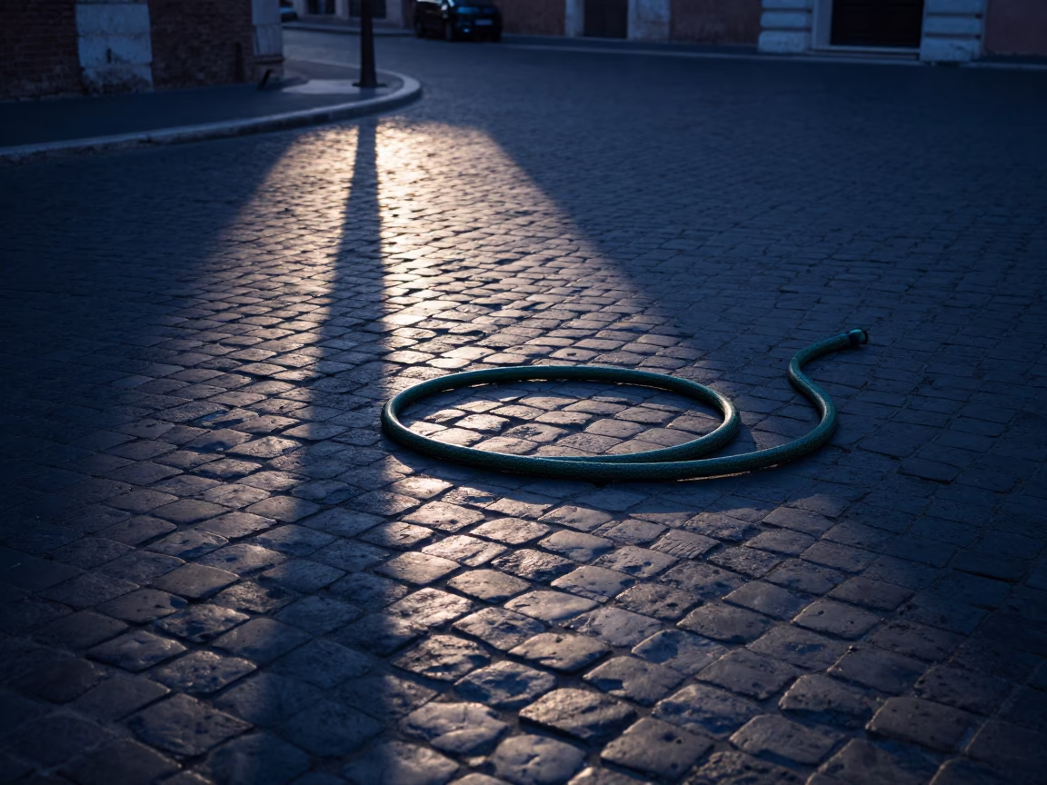 Dawn Light on Roman Cobblestones with Garden Hose and Brushed Steel Cup in in Rome, Italy