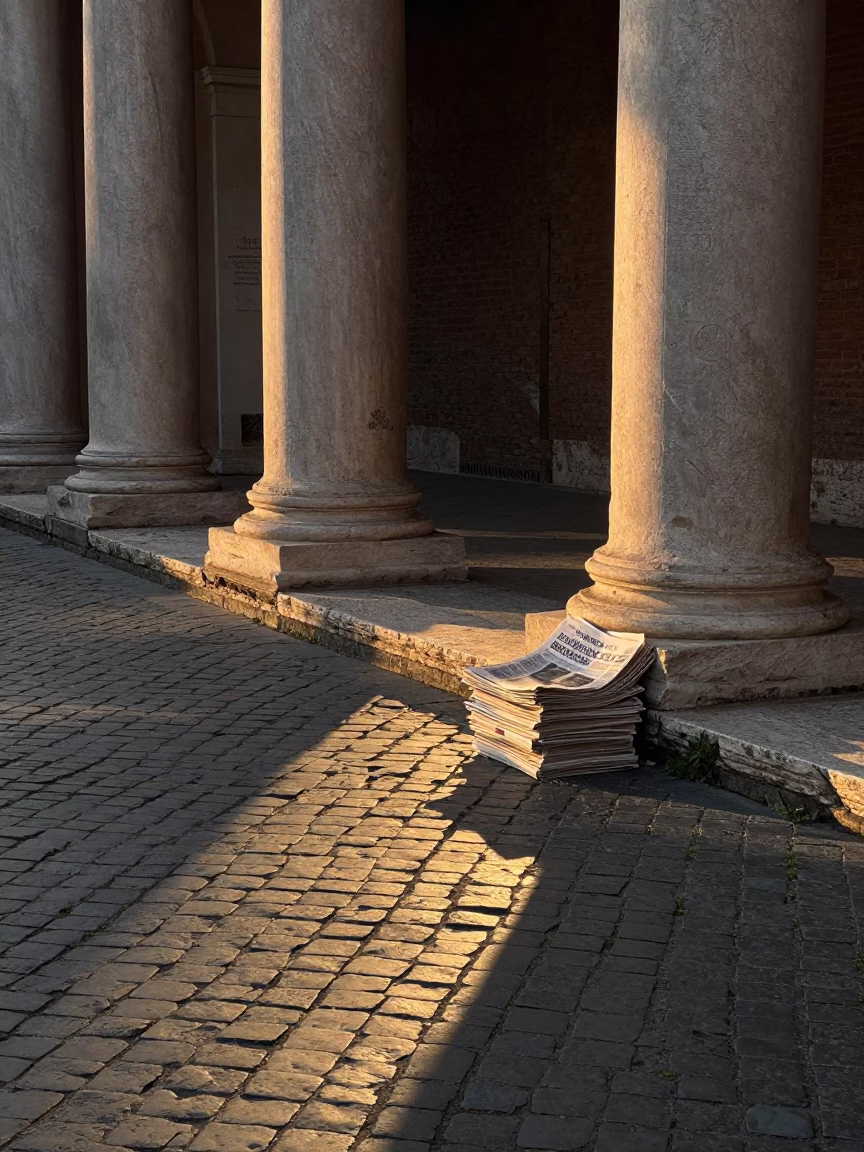 Dawn Light on Roman Cobblestones with Old Newspaper Stack Near Historic Archway in in Rome, Italy