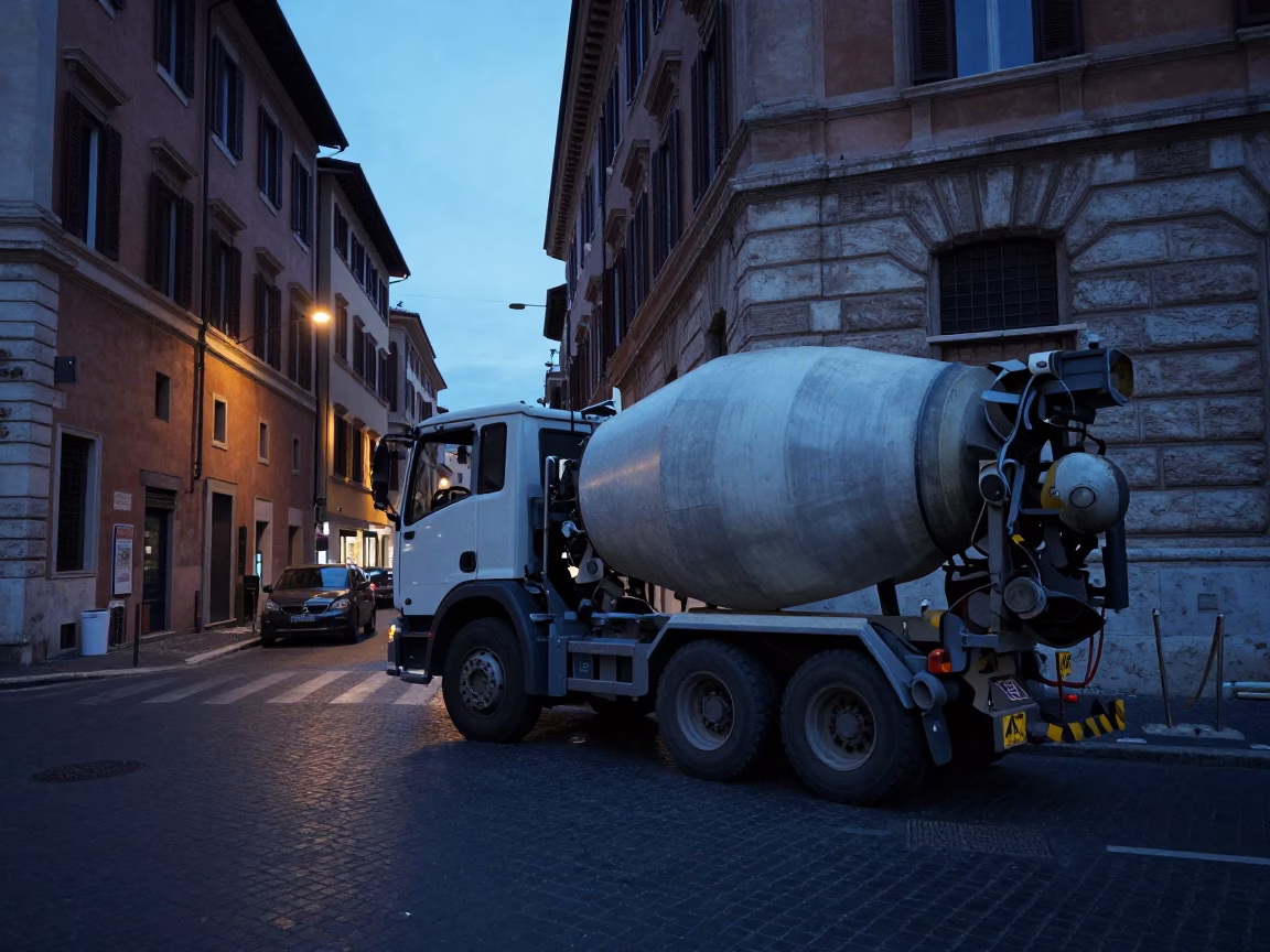 Dawn Light on Roman Street Corner with Construction Mixer and Cobblestones in in Rome, Italy