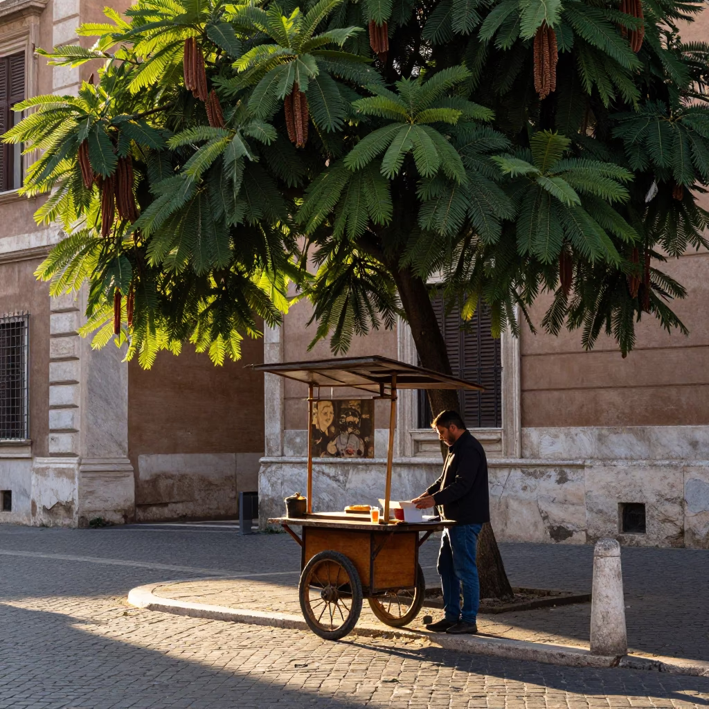 Dawn light on Roman street vendor cart with tamarind tree and tea infuser in in Rome, Italy