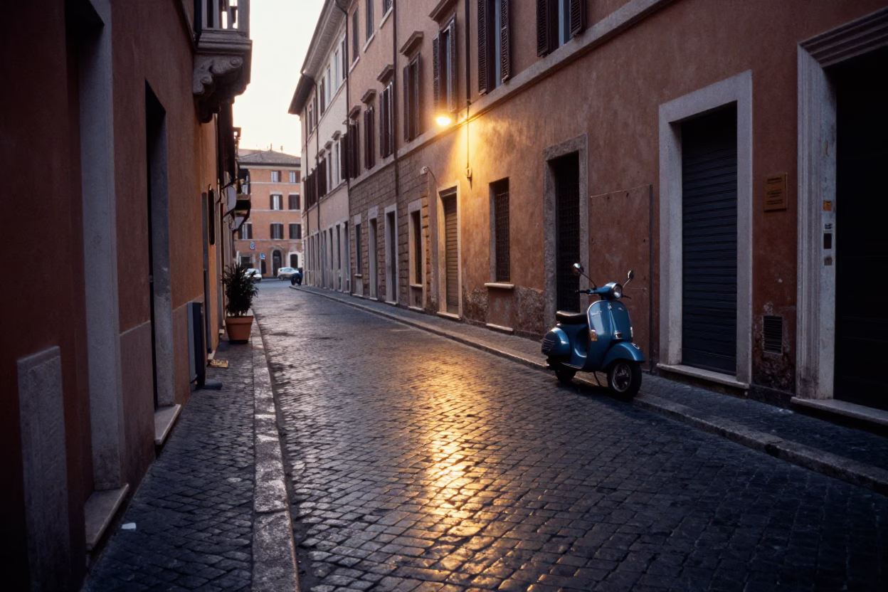 Dawn Light on Roman Street with Vespa Reflection and Cobblestone Alleyway in in Rome, Italy