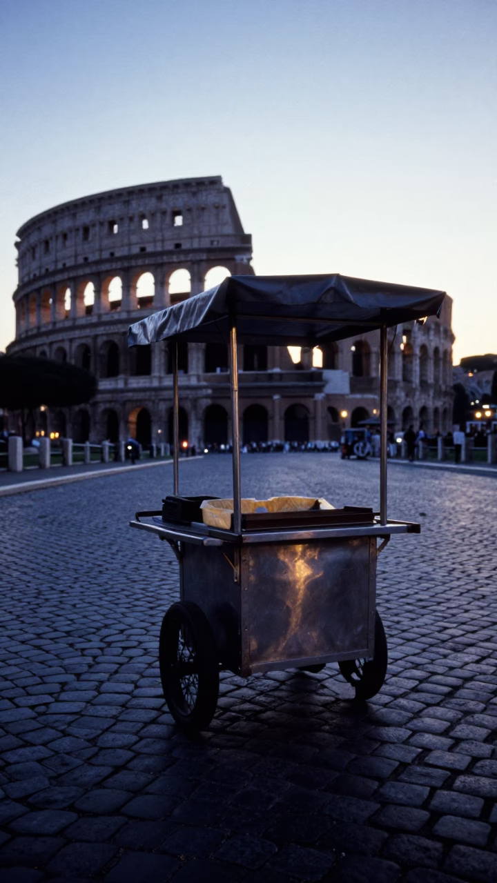 Dawn light on Rome cobblestones with vendor cart and morning coffee routine in in Rome, Italy