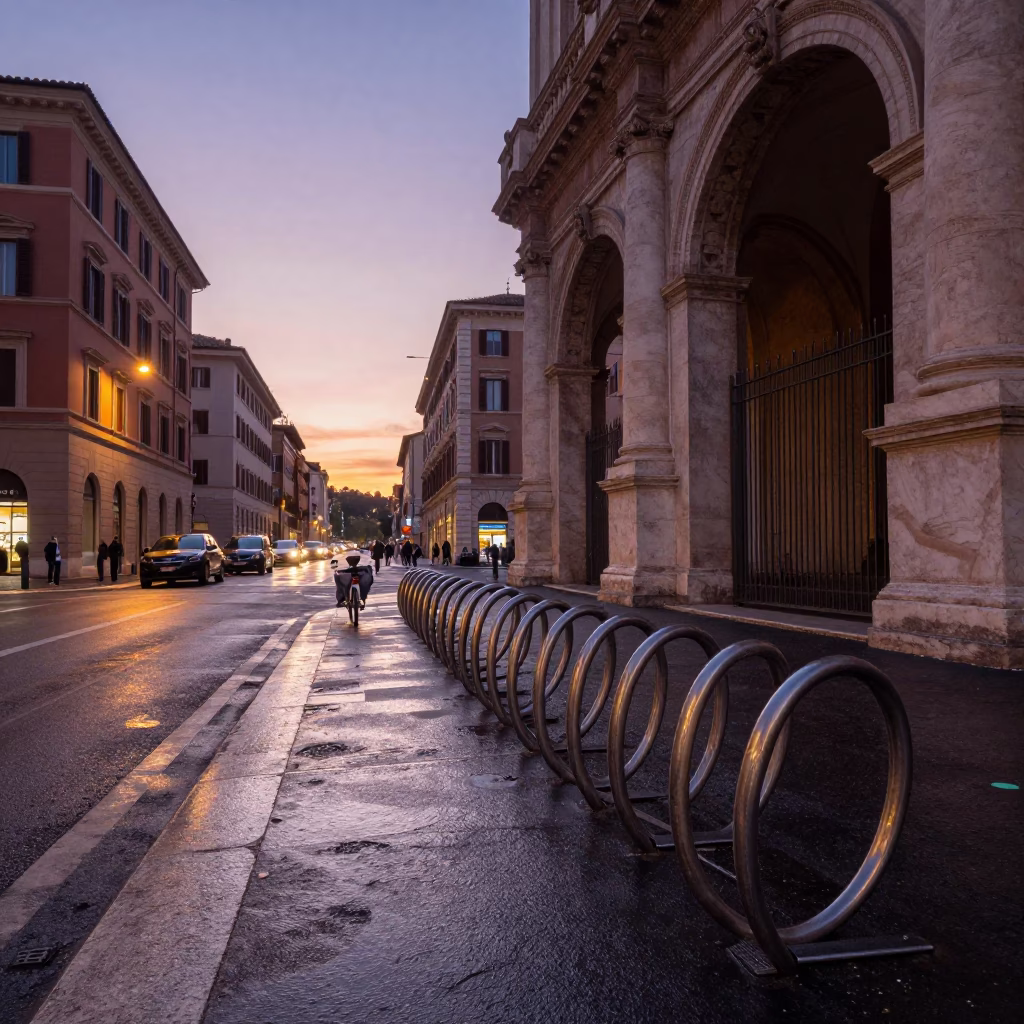 Dawn Light on Rome Street Corner with Bicycle Rack and Wet Pavement in in Rome, Italy