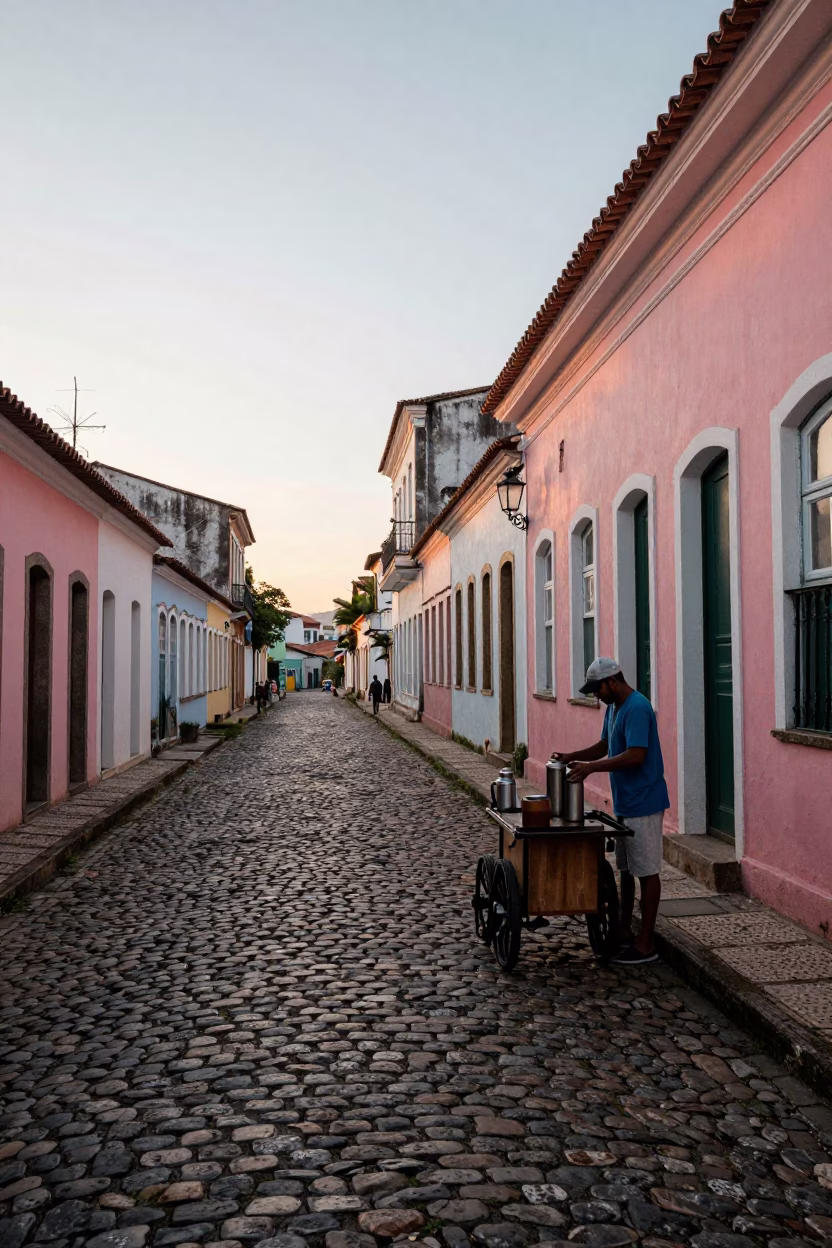Dawn Light on Salvador Brazil Cobblestone Street with Local Morning Routine in in Salvador, Brazil