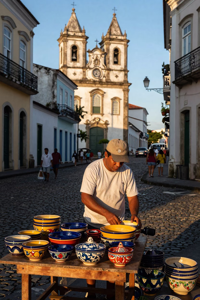 Dawn Light on Salvador Brazil Street Corner with Majolica Pottery and Morning Market Activity in in Salvador, Brazil