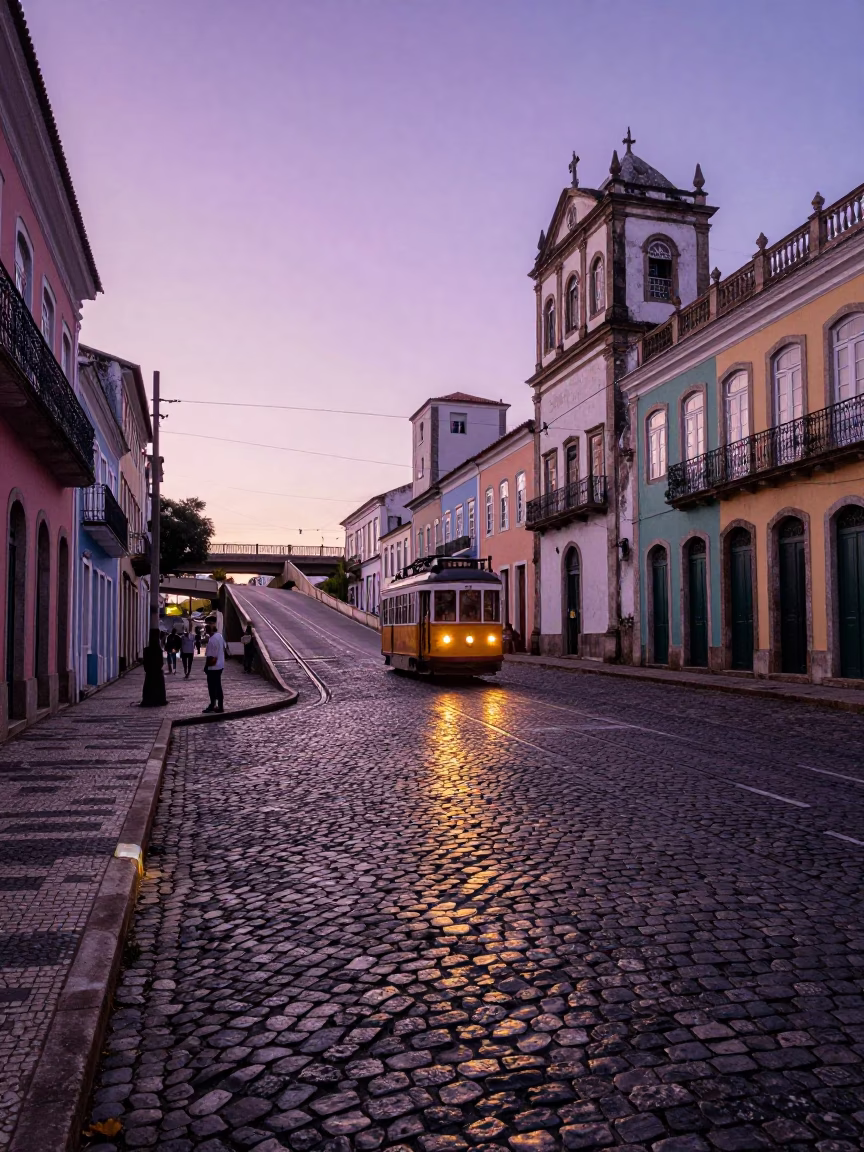 Dawn Light on Salvador Cobblestones with Tram Reflection and Street Vendor in in Salvador, Brazil