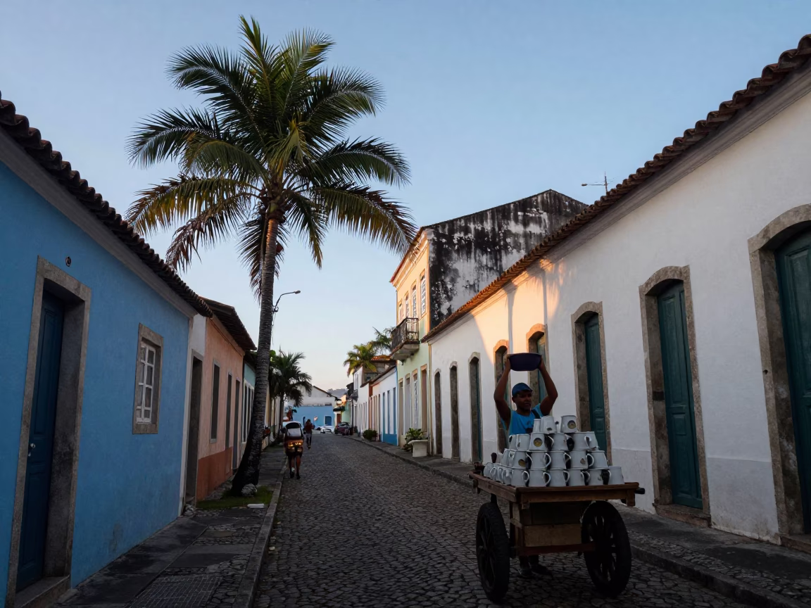 Dawn Light on Salvador Street with Açaí Palm and Ceramic Mugs in in Salvador, Brazil