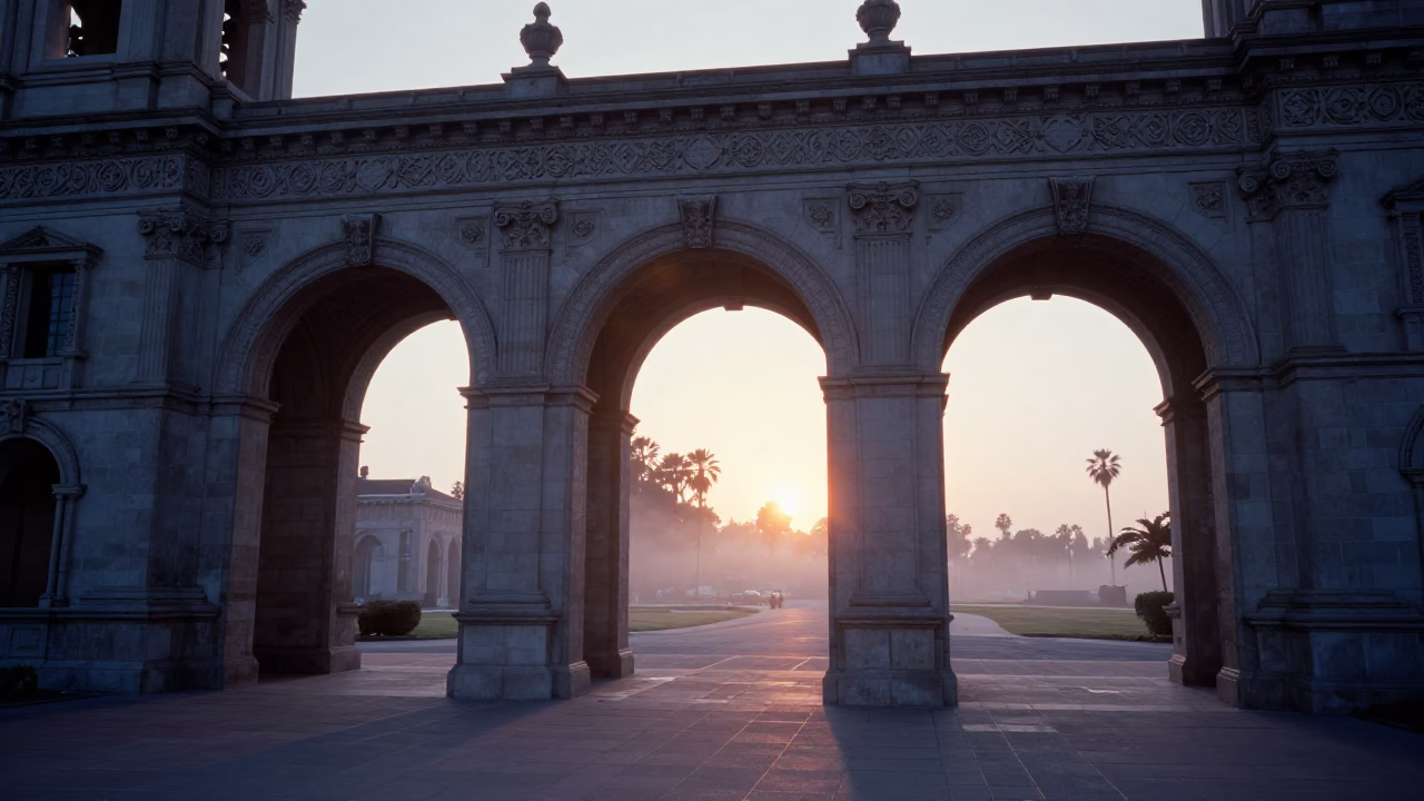 Dawn Light on San Diego Balboa Park Stone Archways with Metal Seating in in San Diego, California, United States