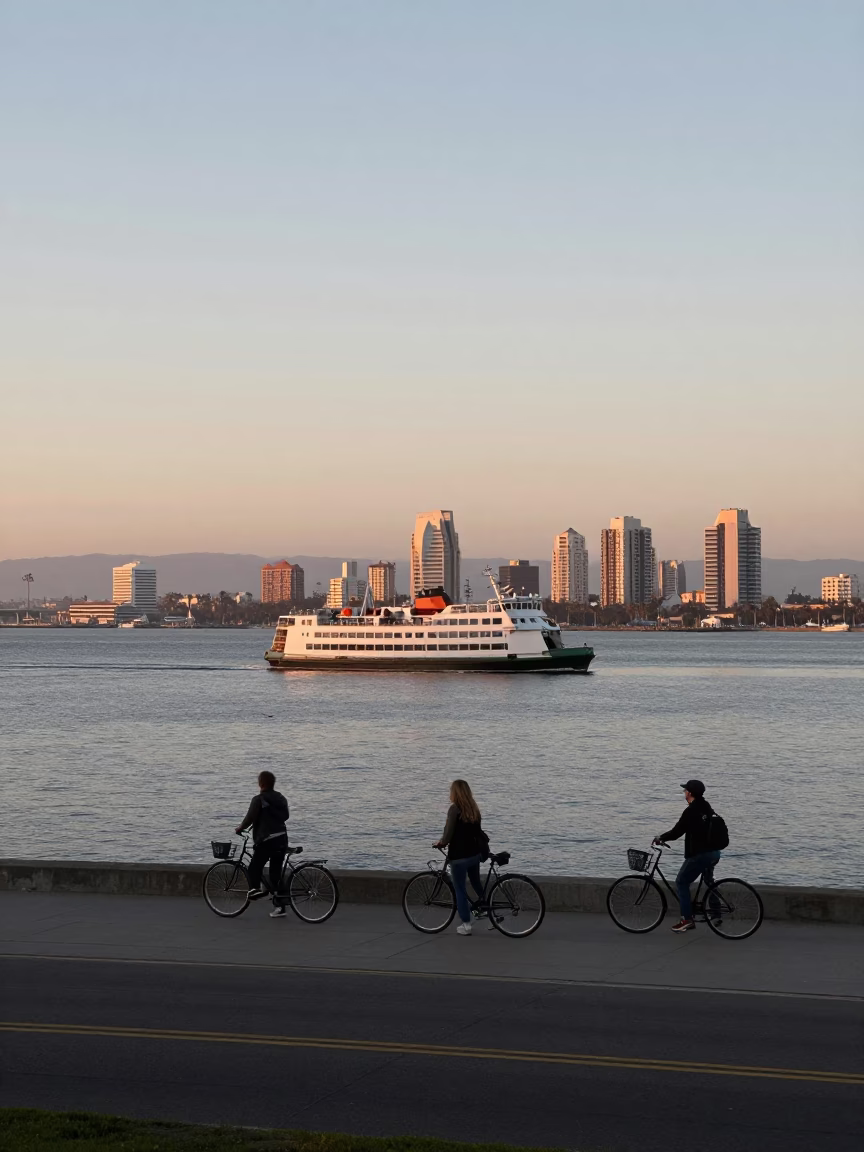 Dawn light on San Diego bay with ferry and coastal eucalyptus grove in in San Diego, California, United States