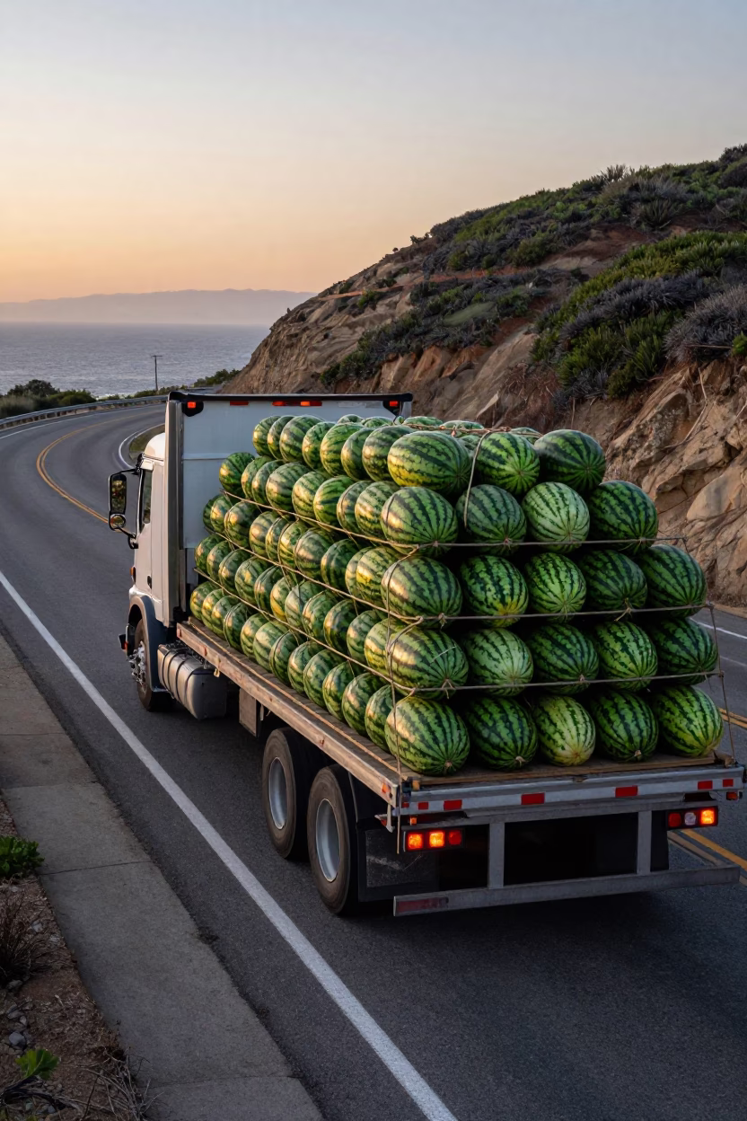 Dawn Light on San Diego Highway Truck Laden with Watermelons and Garden Shears in in San Diego, California, United States