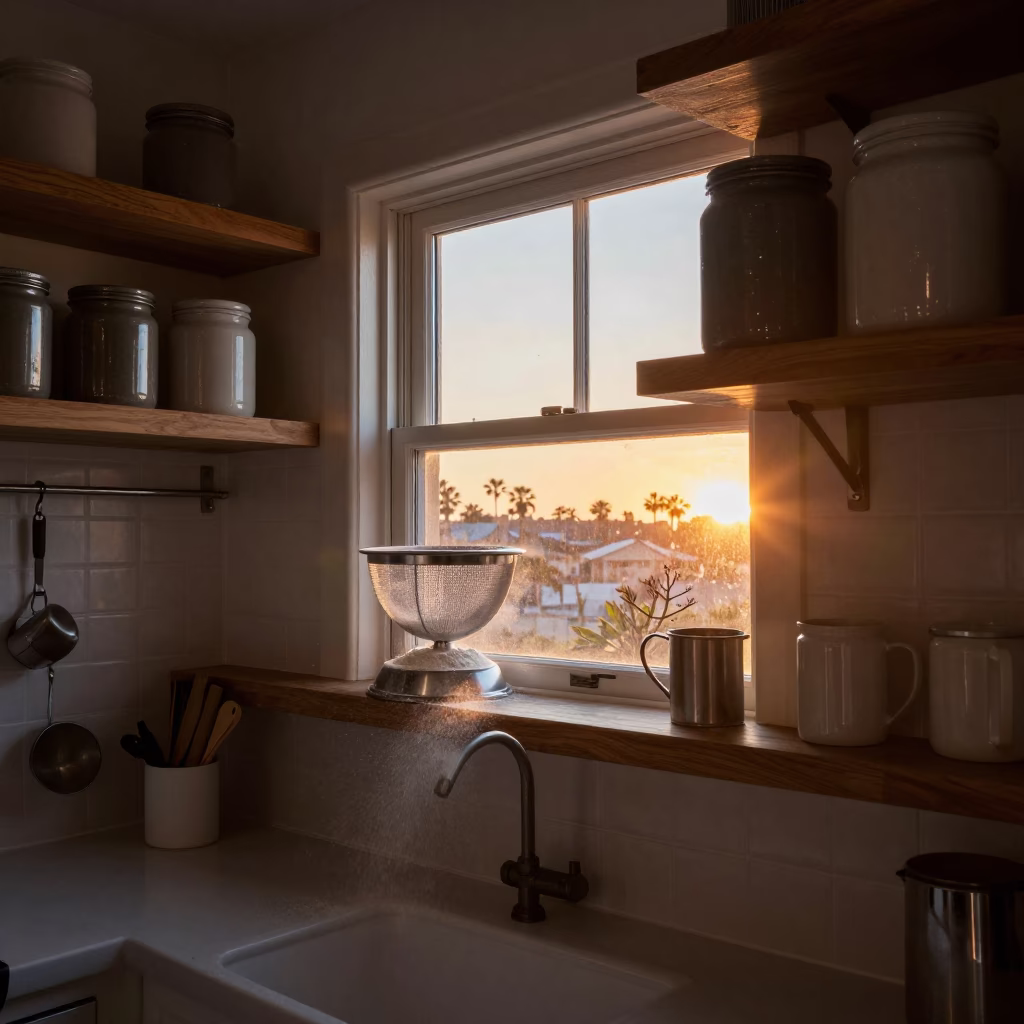 Dawn Light on San Diego Kitchen Shelves with Flour Sifter and Onions in in San Diego, California, United States