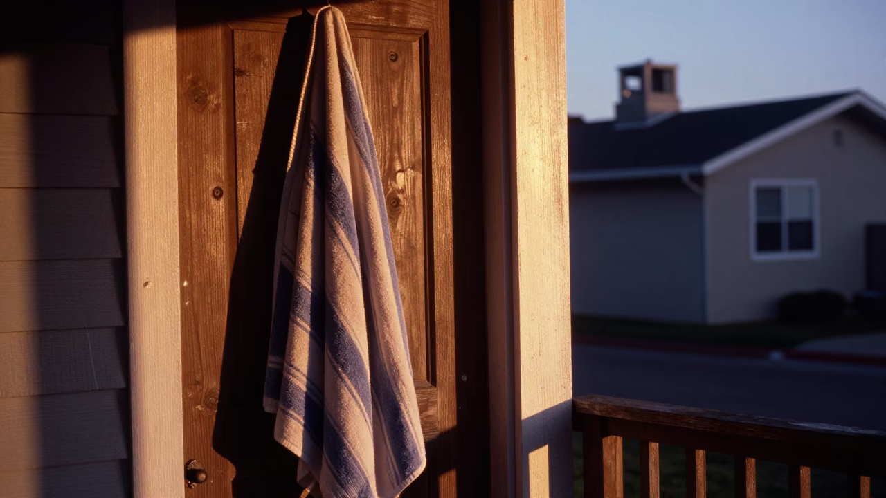Dawn light on San Diego porch with striped towel and doorframe in in San Diego, California, United States