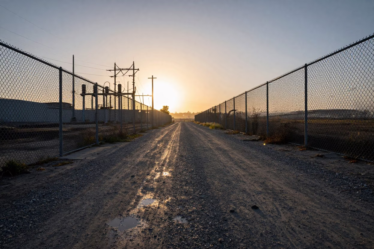 Dawn Light on San Diego Substation Access Road with Oil Sheen Rainwater Puddles in in San Diego, California, United States
