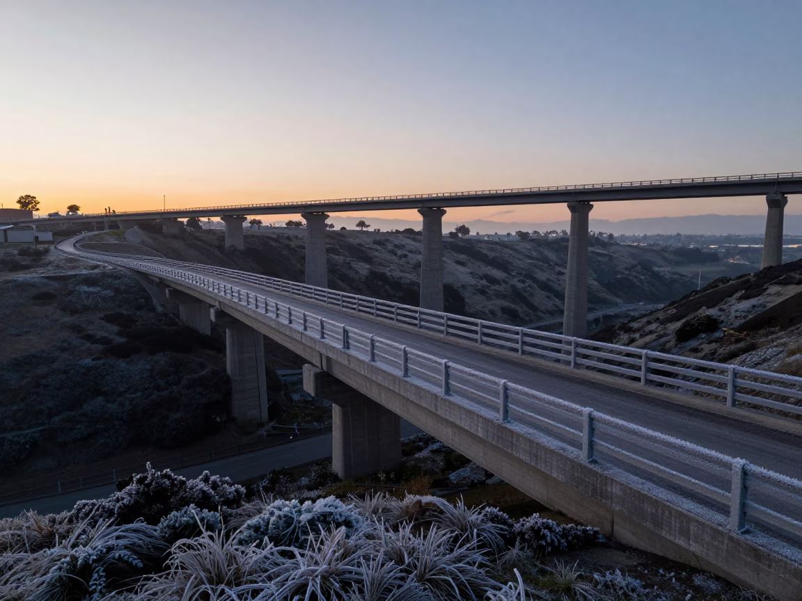 Dawn Light on San Diego Viaduct and Frosty Sluice Gate Wheel in in San Diego, California, United States