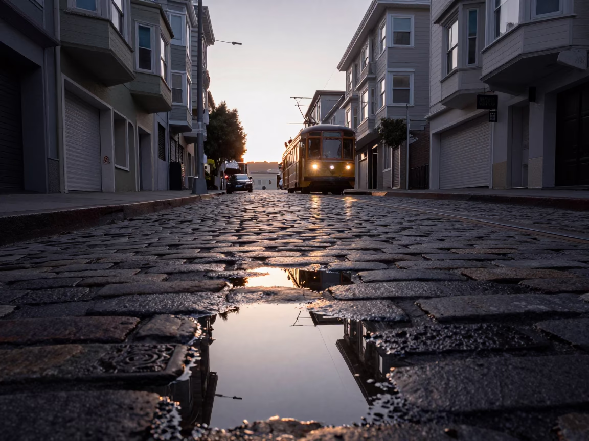 Dawn Light on San Francisco Cobblestones With Tram Reflection and Rain Puddles Before Sunrise in in San Francisco, California, United States