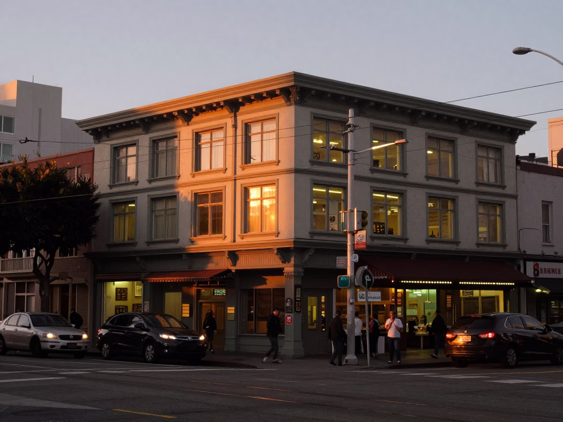 Dawn light on San Francisco street corner with metro train emerging from tunnel in in San Francisco, California, United States