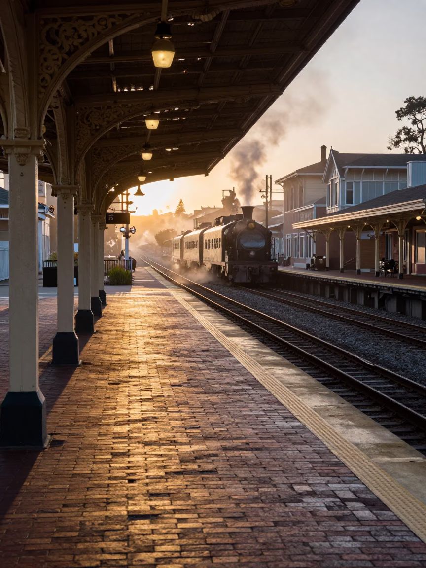 Dawn Light on San Francisco Victorian Station Platform with Steam Train Arrival in in San Francisco, California, United States
