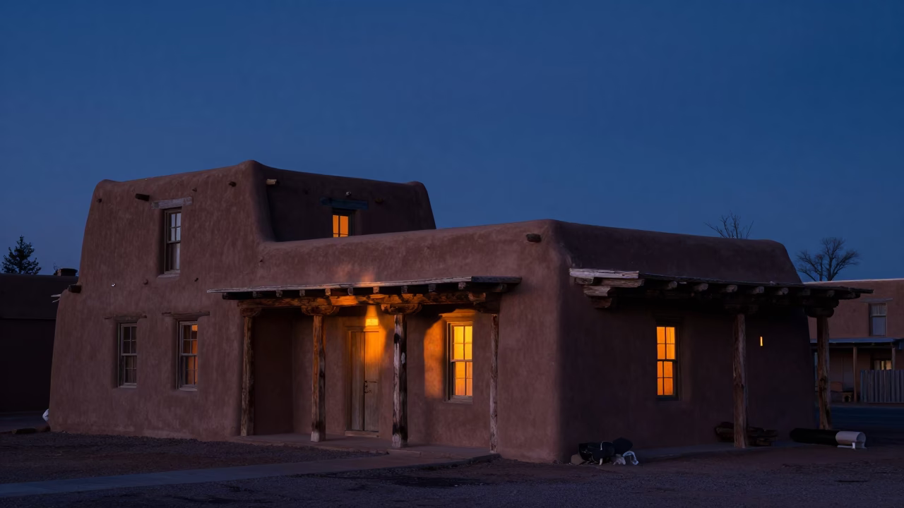 Dawn Light on Santa Fe Adobe Architecture and Vintage Wooden Doorway Details in in Santa Fe, New Mexico, United States