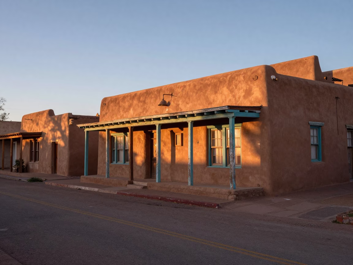 Dawn Light on Santa Fe Adobe Streets and Scuffed Painted Wood Porches in in Santa Fe, New Mexico, United States
