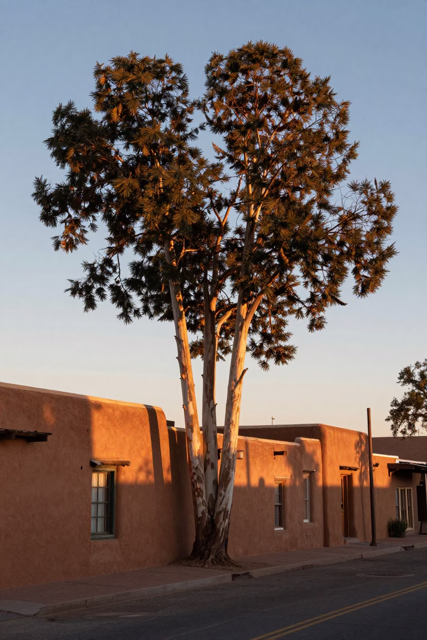 Dawn light on Santa Fe adobe streets with eucalyptus trees and vintage cars in in Santa Fe, New Mexico, United States
