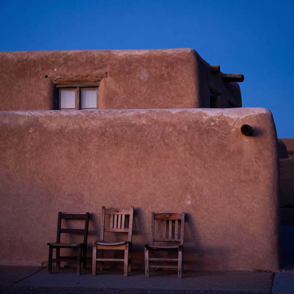 Dawn Light on Santa Fe Adobe Walls and Scuffed Painted Wood Details in in Santa Fe, New Mexico, United States