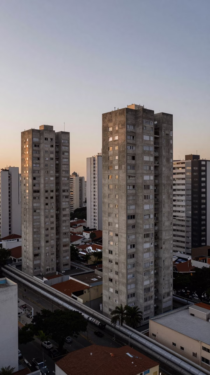 Dawn Light on São Paulo Concrete Apartment Blocks with District Heating Pipes in in São Paulo, Brazil