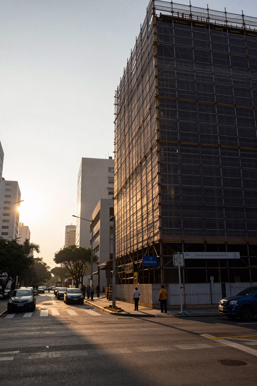 Dawn light on São Paulo street construction scaffolding and morning commuters in in São Paulo, Brazil