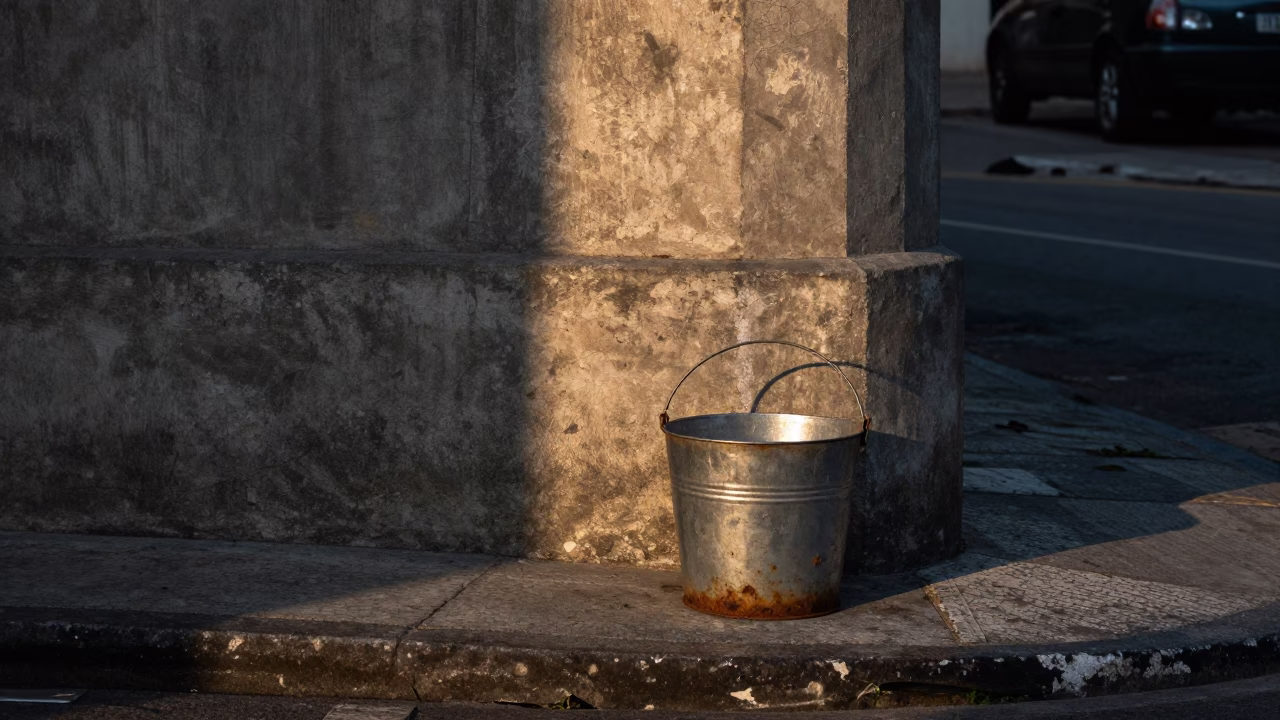 Dawn light on São Paulo street corner with metal bucket and doorframe in in São Paulo, Brazil