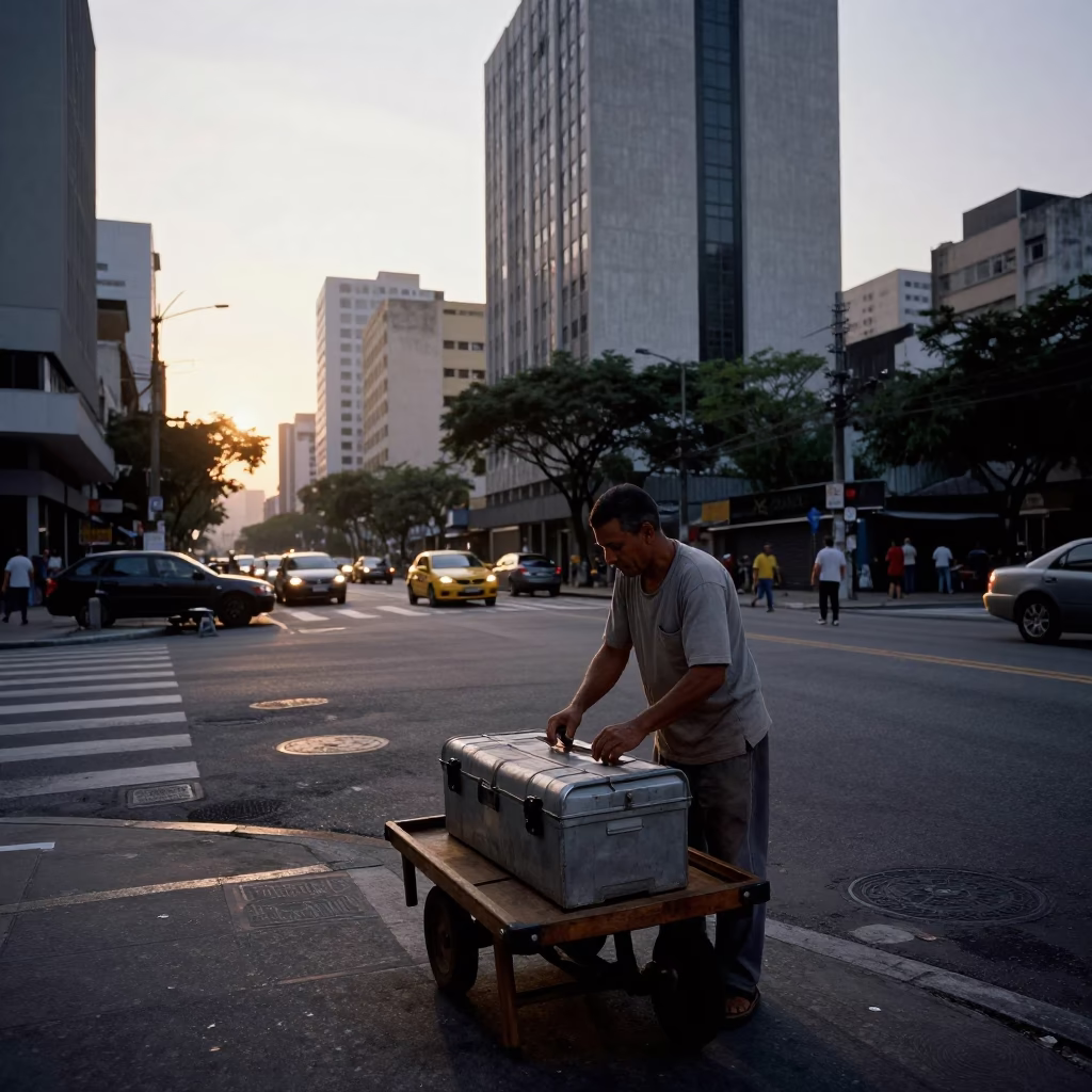 Dawn light on São Paulo street corner with toolbox and twine spool in in São Paulo, Brazil